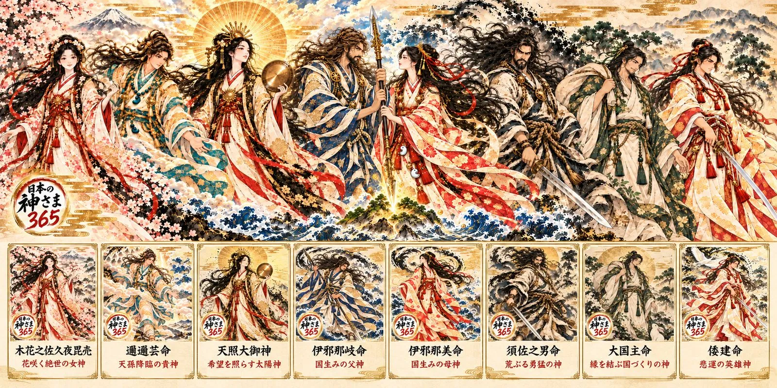日本の神さま365 八柱の神々(木花之佐久夜毘売・邇邇芸命・天照大御神・伊邪那岐命・伊邪那美命・須佐之男命・大国主命・倭建命)